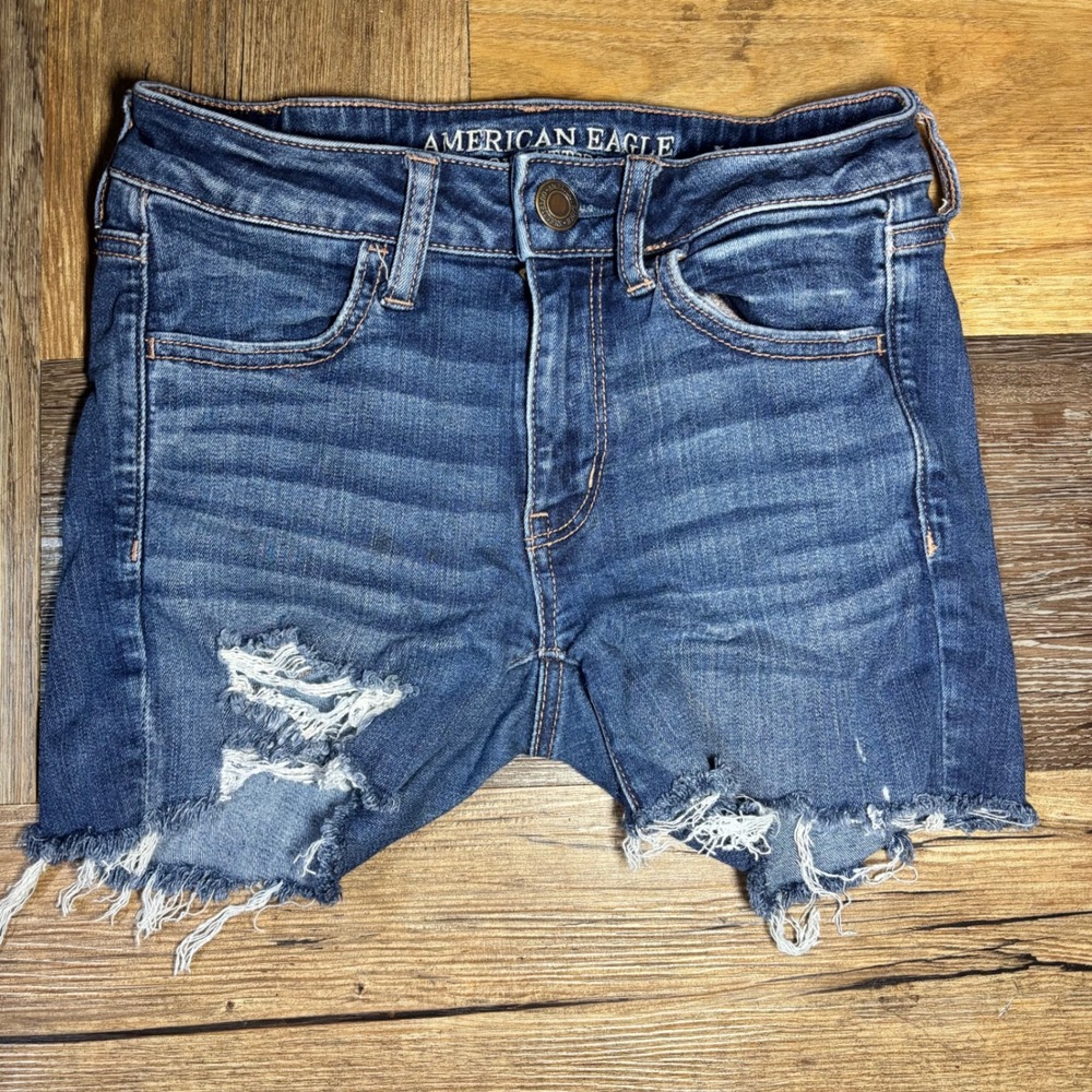 American Eagle Super Stretch X Distressed Jeggings cut off shorts Dark Wash Sz 2